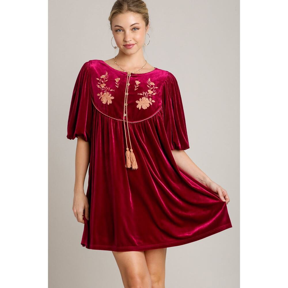 Umgee Embroidered Half Sleeve Velvet Mini Dress with Tassel - R00658 - Size S